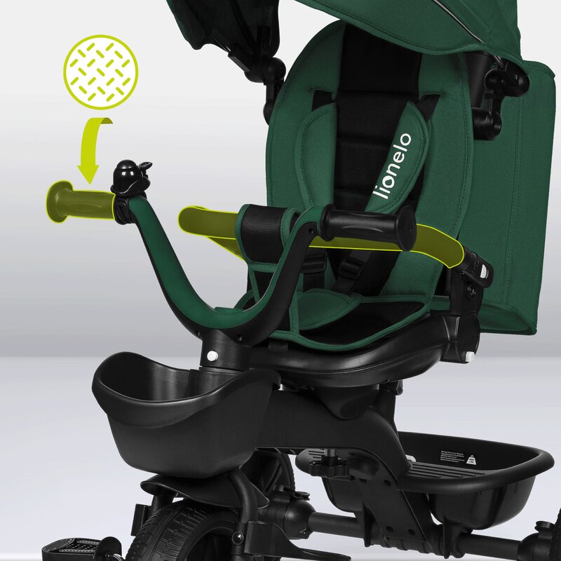 Tricicleta copii, Lionelo Kori, ultra-pliabila si multifunctionala, cu scaun rotativ 360°, control parental, suport pentru picioare si accesorii premium, Verde