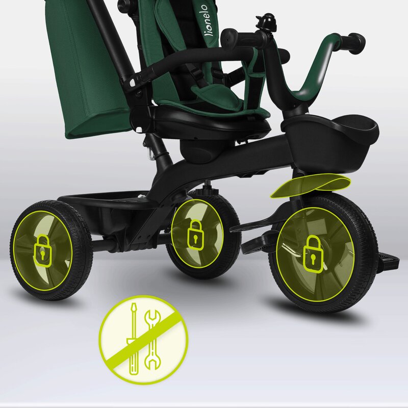 Tricicleta copii, Lionelo Kori, ultra-pliabila si multifunctionala, cu scaun rotativ 360°, control parental, suport pentru picioare si accesorii premium, Verde