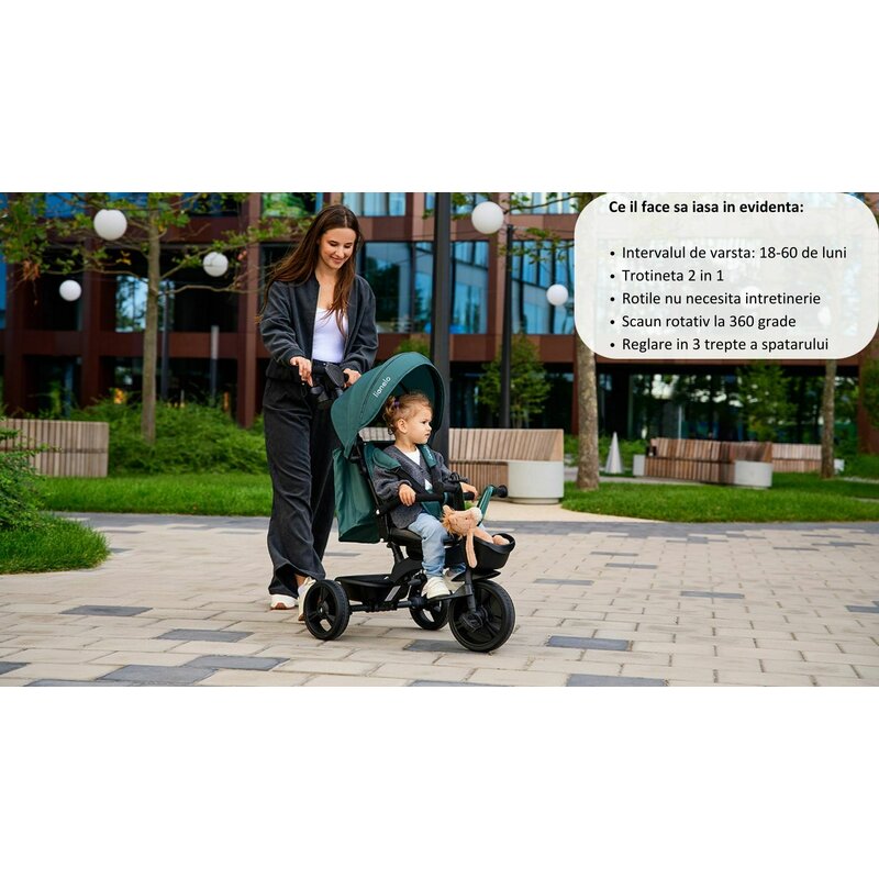 Tricicleta copii, Lionelo Kori, ultra-pliabila si multifunctionala, cu scaun rotativ 360°, control parental, suport pentru picioare si accesorii premium, Verde