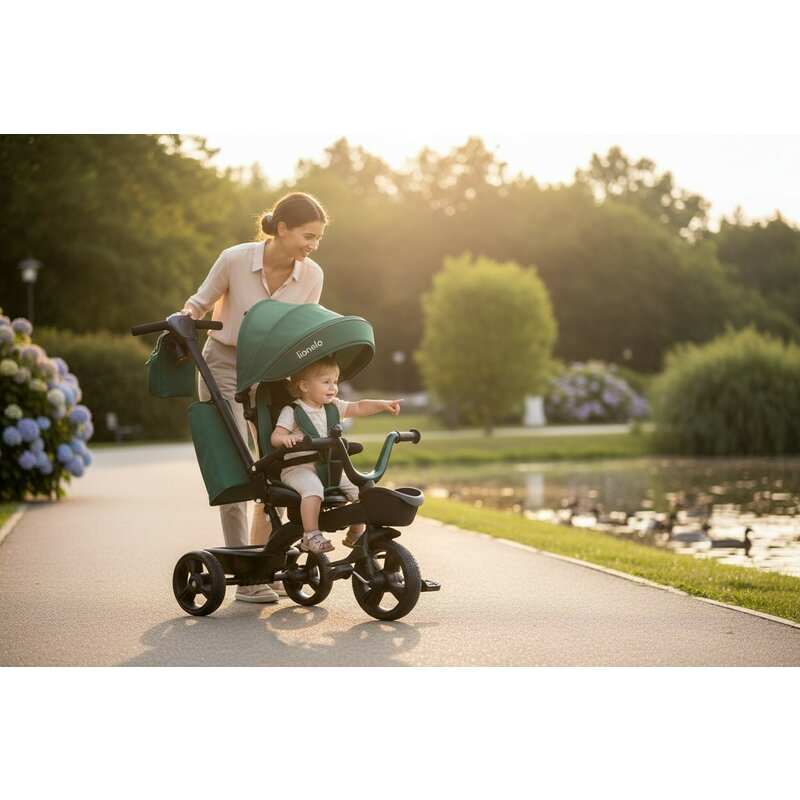 Tricicleta copii, Lionelo Kori, ultra-pliabila si multifunctionala, cu scaun rotativ 360°, control parental, suport pentru picioare si accesorii premium, Verde