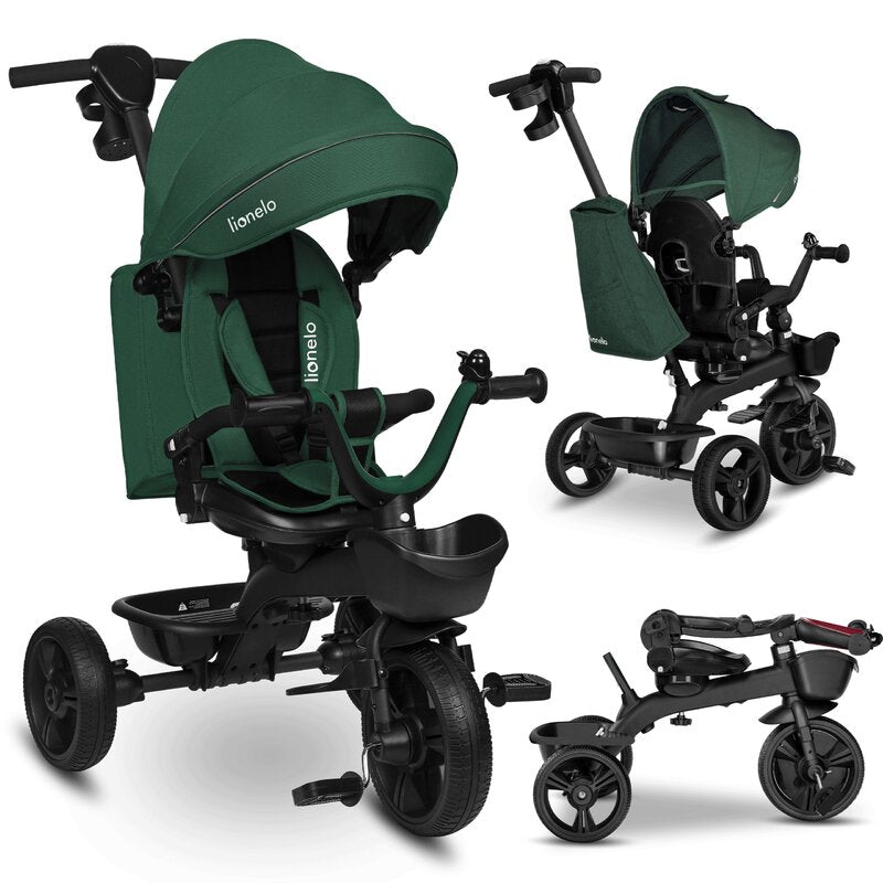Tricicleta copii, Lionelo Kori, ultra-pliabila si multifunctionala, cu scaun rotativ 360°, control parental, suport pentru picioare si accesorii premium, Verde