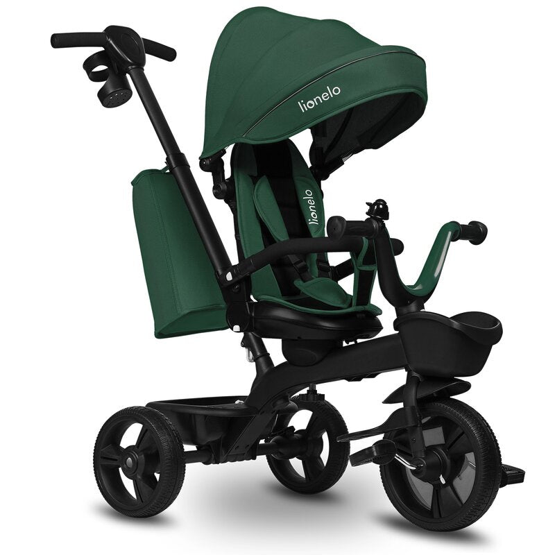 Tricicleta copii, Lionelo Kori, ultra-pliabila si multifunctionala, cu scaun rotativ 360°, control parental, suport pentru picioare si accesorii premium, Verde