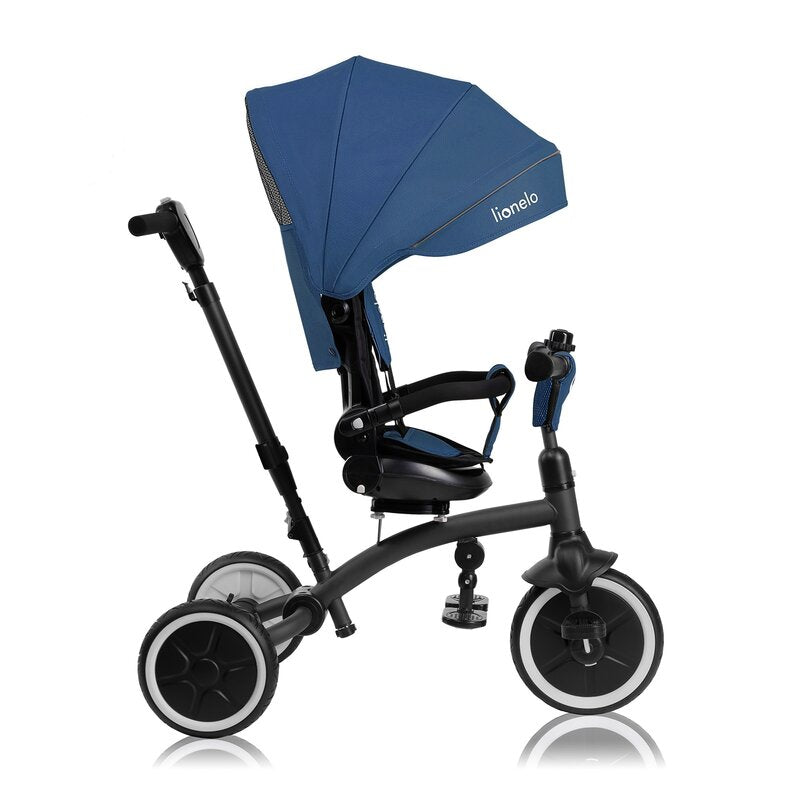 Tricicleta copii, Lionelo, Tris Plus, Ultrapliabila, Multifunctionala, Pana la 25 kg, Inclinare spatar in fata si in spate, Suport picioare, Control al directiei, Scaun reversibil, Rotire 360 grade, Conform cu EN71, 9 luni-5 ani, Albastru