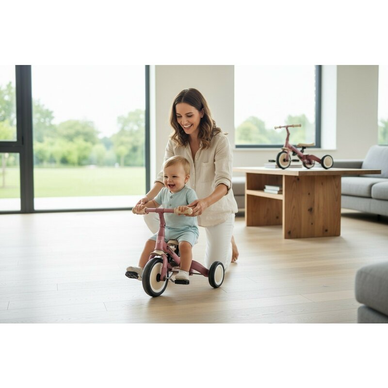 Tricicleta, Petite&Mars, Turbo, 5 in 1, Multifunctionala, Vehicul de impins, Bicicleta cu/fara pedale, Cu maner de ghidaj, Detasabil, Roti din cauciuc, Pana la 25 kg, 1.5-5 ani, Dusty Rose