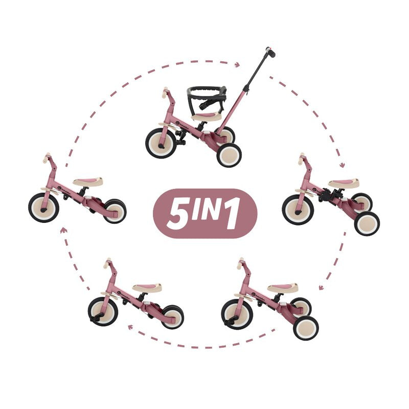 Tricicleta, Petite&Mars, Turbo, 5 in 1, Multifunctionala, Vehicul de impins, Bicicleta cu/fara pedale, Cu maner de ghidaj, Detasabil, Roti din cauciuc, Pana la 25 kg, 1.5-5 ani, Dusty Rose