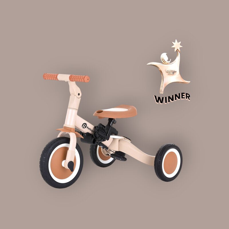 Tricicleta, Petite&Mars, Turbo, 5 in 1, Multifunctionala, Vehicul de impins, Bicicleta cu/fara pedale, Cu maner de ghidaj, Detasabil, Roti din cauciuc, Pana la 25 kg, 1.5-5 ani, Bej