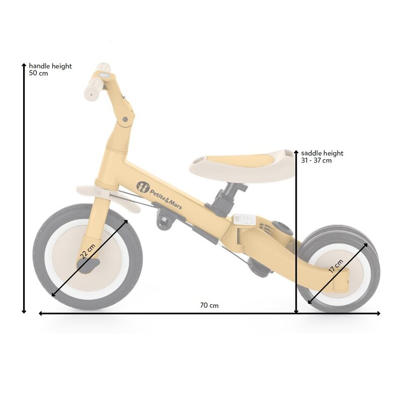 Tricicleta, Petite&Mars, Turbo, 5 in 1, Multifunctionala, Vehicul de impins, Bicicleta cu/fara pedale, Cu maner de ghidaj, Detasabil, Roti din cauciuc, Pana la 25 kg, 1.5-5 ani, Ocru