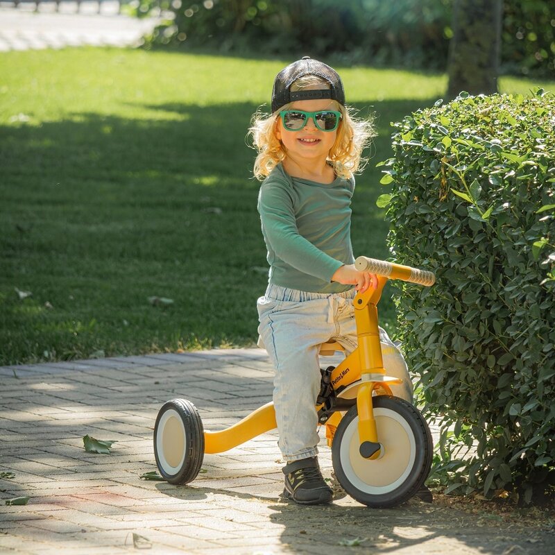 Tricicleta, Petite&Mars, Turbo, 5 in 1, Multifunctionala, Vehicul de impins, Bicicleta cu/fara pedale, Cu maner de ghidaj, Detasabil, Roti din cauciuc, Pana la 25 kg, 1.5-5 ani, Ocru