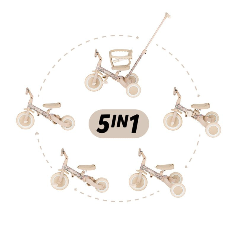 Tricicleta, Petite&Mars, Turbo, Editie limitata, 5 in 1, Multifunctionala, Vehicul de impins, Bicicleta cu/fara pedale, Cu maner de ghidaj, Detasabil, Roti din cauciuc, Pana la 25 kg, 1.5-5 ani, Pink Meadow