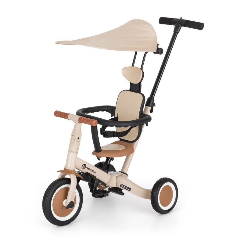 Tricicleta, Petite&Mars, Turbo Plus, 5 in 1, Multifunctionala, Vehicul de impins, Bicicleta cu/fara pedale, Cu maner de ghidaj, Detasabil, Roti din cauciuc, Capotina pentru soare, Pana la 25 kg, 1.5-5 ani, Bej
