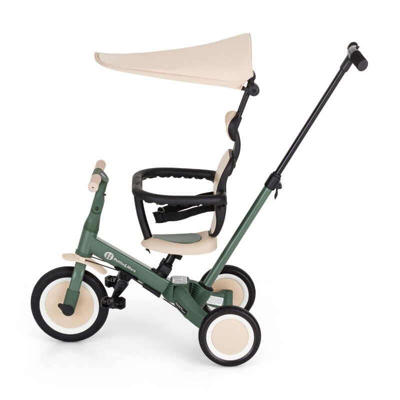 Tricicleta, Petite&Mars, Turbo Plus, 5 in 1, Multifunctionala, Vehicul de impins, Bicicleta cu/fara pedale, Cu maner de ghidaj, Detasabil, Roti din cauciuc, Capotina pentru soare, Pana la 25 kg, 1.5-5 ani, Verde