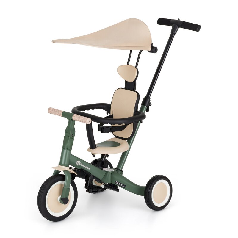 Tricicleta, Petite&Mars, Turbo Plus, 5 in 1, Multifunctionala, Vehicul de impins, Bicicleta cu/fara pedale, Cu maner de ghidaj, Detasabil, Roti din cauciuc, Capotina pentru soare, Pana la 25 kg, 1.5-5 ani, Verde