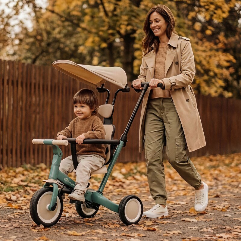 Tricicleta, Petite&Mars, Turbo Plus, 5 in 1, Multifunctionala, Vehicul de impins, Bicicleta cu/fara pedale, Cu maner de ghidaj, Detasabil, Roti din cauciuc, Capotina pentru soare, Pana la 25 kg, 1.5-5 ani, Verde