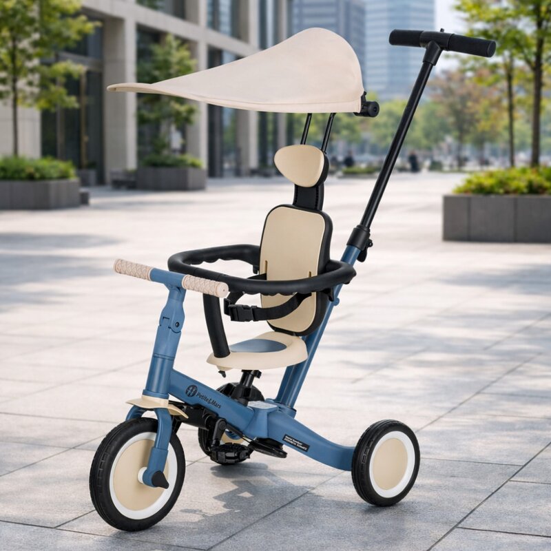 Tricicleta, Petite&Mars, Turbo Plus, 5 in 1, Multifunctionala, Vehicul de impins, Bicicleta cu/fara pedale, Cu maner de ghidaj, Detasabil, Roti din cauciuc, Capotina pentru soare, Pana la 25 kg, 1.5-5 ani, Albastru