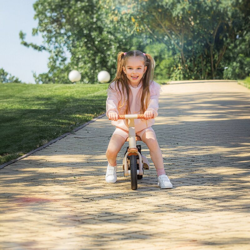 Tricicleta, Petite&Mars, Turbo Plus, 5 in 1, Multifunctionala, Vehicul de impins, Bicicleta cu/fara pedale, Cu maner de ghidaj, Detasabil, Roti din cauciuc, Capotina pentru soare, Pana la 25 kg, 1.5-5 ani, Bej