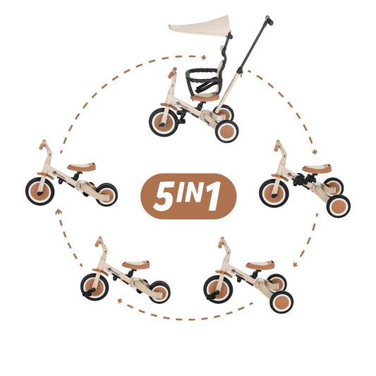 Tricicleta, Petite&Mars, Turbo Plus, 5 in 1, Multifunctionala, Vehicul de impins, Bicicleta cu/fara pedale, Cu maner de ghidaj, Detasabil, Roti din cauciuc, Capotina pentru soare, Pana la 25 kg, 1.5-5 ani, Bej