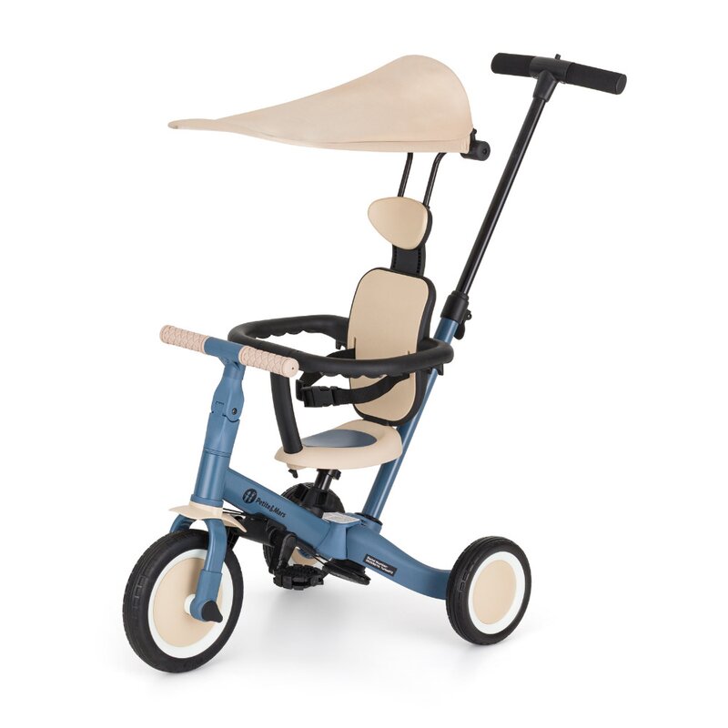 Tricicleta, Petite&Mars, Turbo Plus, 5 in 1, Multifunctionala, Vehicul de impins, Bicicleta cu/fara pedale, Cu maner de ghidaj, Detasabil, Roti din cauciuc, Capotina pentru soare, Pana la 25 kg, 1.5-5 ani, Albastru