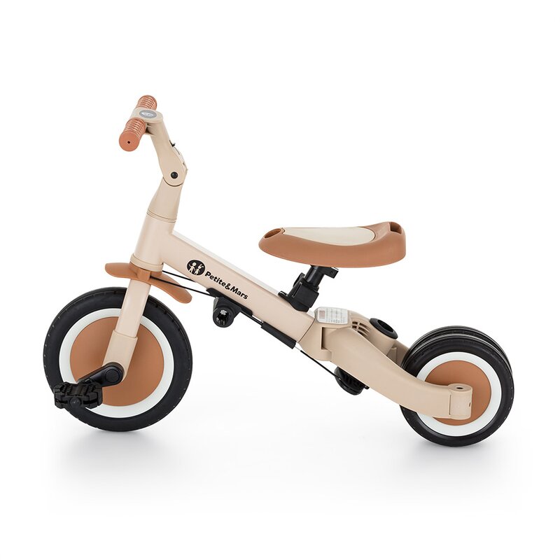 Tricicleta, Petite&Mars, Turbo Plus, 5 in 1, Multifunctionala, Vehicul de impins, Bicicleta cu/fara pedale, Cu maner de ghidaj, Detasabil, Roti din cauciuc, Capotina pentru soare, Pana la 25 kg, 1.5-5 ani, Bej