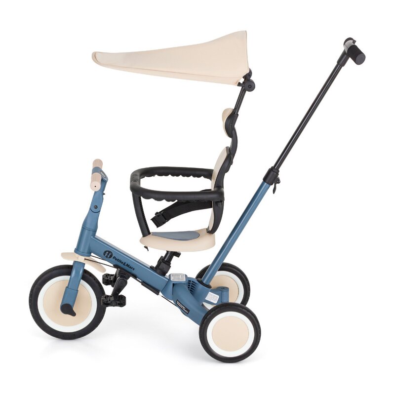 Tricicleta, Petite&Mars, Turbo Plus, 5 in 1, Multifunctionala, Vehicul de impins, Bicicleta cu/fara pedale, Cu maner de ghidaj, Detasabil, Roti din cauciuc, Capotina pentru soare, Pana la 25 kg, 1.5-5 ani, Albastru