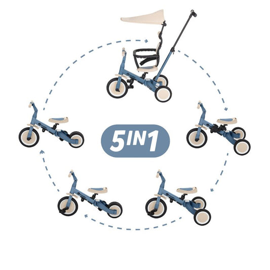 Tricicleta, Petite&Mars, Turbo Plus, 5 in 1, Multifunctionala, Vehicul de impins, Bicicleta cu/fara pedale, Cu maner de ghidaj, Detasabil, Roti din cauciuc, Capotina pentru soare, Pana la 25 kg, 1.5-5 ani, Albastru