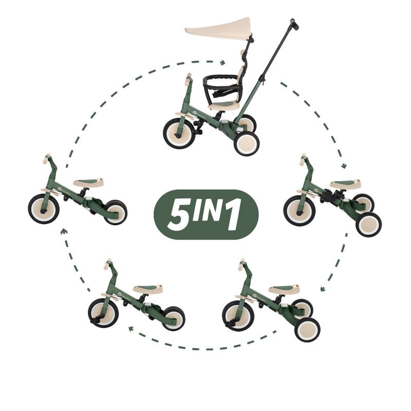 Tricicleta, Petite&Mars, Turbo Plus, 5 in 1, Multifunctionala, Vehicul de impins, Bicicleta cu/fara pedale, Cu maner de ghidaj, Detasabil, Roti din cauciuc, Capotina pentru soare, Pana la 25 kg, 1.5-5 ani, Verde