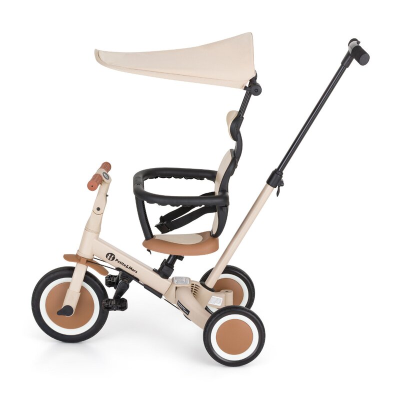 Tricicleta, Petite&Mars, Turbo Plus, 5 in 1, Multifunctionala, Vehicul de impins, Bicicleta cu/fara pedale, Cu maner de ghidaj, Detasabil, Roti din cauciuc, Capotina pentru soare, Pana la 25 kg, 1.5-5 ani, Bej
