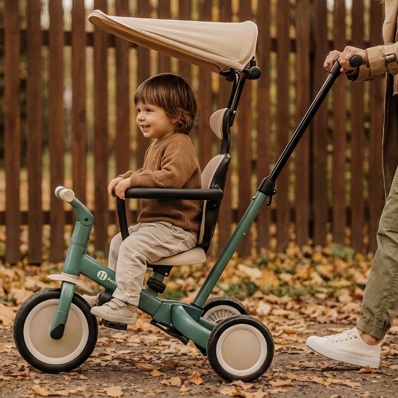 Tricicleta, Petite&Mars, Turbo Plus, 5 in 1, Multifunctionala, Vehicul de impins, Bicicleta cu/fara pedale, Cu maner de ghidaj, Detasabil, Roti din cauciuc, Capotina pentru soare, Pana la 25 kg, 1.5-5 ani, Albastru