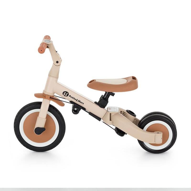 Tricicleta, Petite&Mars, Turbo Plus, 5 in 1, Multifunctionala, Vehicul de impins, Bicicleta cu/fara pedale, Cu maner de ghidaj, Detasabil, Roti din cauciuc, Capotina pentru soare, Pana la 25 kg, 1.5-5 ani, Bej