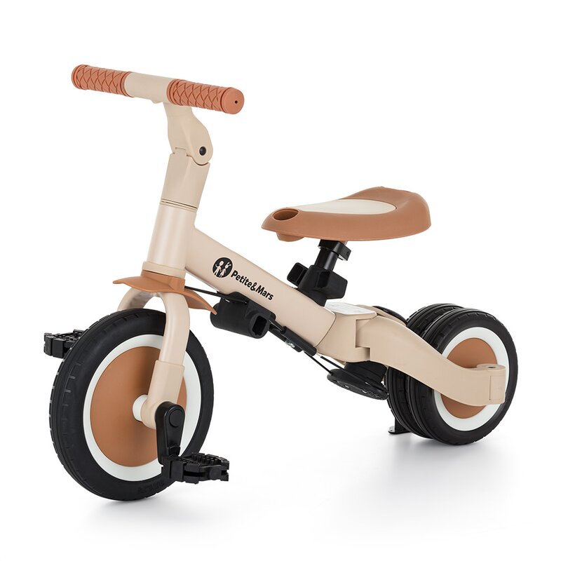 Tricicleta, Petite&Mars, Turbo Plus, 5 in 1, Multifunctionala, Vehicul de impins, Bicicleta cu/fara pedale, Cu maner de ghidaj, Detasabil, Roti din cauciuc, Capotina pentru soare, Pana la 25 kg, 1.5-5 ani, Bej
