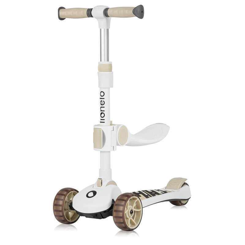 Trotineta, Lionelo, Franky, Multifunctionala, Pliabila, Pana la 50 kg, Bicicleta cu 3 roti si trotineta de echilibru, Ghidon reglabil, Sezut detasabil, Roti cu LED, Conform cu EN71, EN62115, 12 luni+, Bej