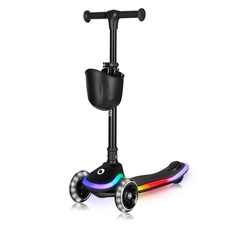 Trotineta pentru copii, Lionelo, Mey, Ultrapliabila, Cu lumini si cosulet, Maner ajustabil pe inaltime, 3 ani+, Pana la 50 Kg, Ultra usor, 2.8 kg, Conform cu standardul EN71-1/2/3, Certificata Intertek, Negru