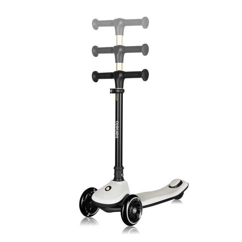 Trotineta pentru copii, Lionelo, Mey, Ultrapliabila, Cu lumini si cosulet, Maner ajustabil pe inaltime, 3 ani+, Pana la 50 Kg, Ultra usor, 2.8 kg, Conform cu standardul EN71-1/2/3, Certificata Intertek, Bej
