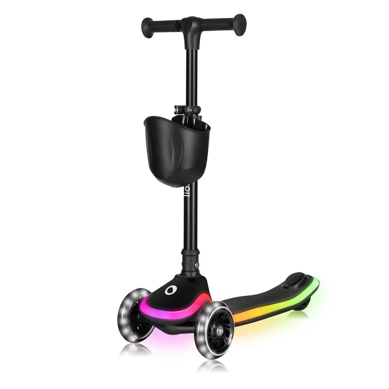 Trotineta pentru copii, Lionelo, Mey, Ultrapliabila, Cu lumini si cosulet, Maner ajustabil pe inaltime, 3 ani+, Pana la 50 Kg, Ultra usor, 2.8 kg, Conform cu standardul EN71-1/2/3, Certificata Intertek, Negru