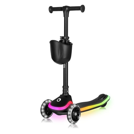 Trotineta pentru copii, Lionelo, Mey, Ultrapliabila, Cu lumini si cosulet, Maner ajustabil pe inaltime, 3 ani+, Pana la 50 Kg, Ultra usor, 2.8 kg, Conform cu standardul EN71-1/2/3, Certificata Intertek, Negru