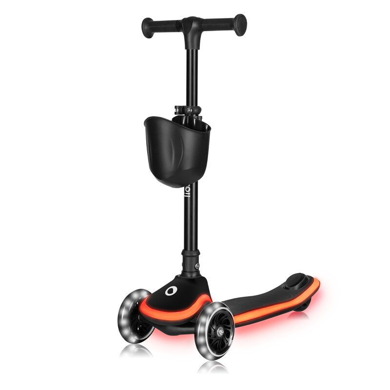 Trotineta pentru copii, Lionelo, Mey, Ultrapliabila, Cu lumini si cosulet, Maner ajustabil pe inaltime, 3 ani+, Pana la 50 Kg, Ultra usor, 2.8 kg, Conform cu standardul EN71-1/2/3, Certificata Intertek, Negru