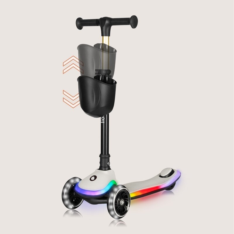 Trotineta pentru copii, Lionelo, Mey, Ultrapliabila, Cu lumini si cosulet, Maner ajustabil pe inaltime, 3 ani+, Pana la 50 Kg, Ultra usor, 2.8 kg, Conform cu standardul EN71-1/2/3, Certificata Intertek, Bej