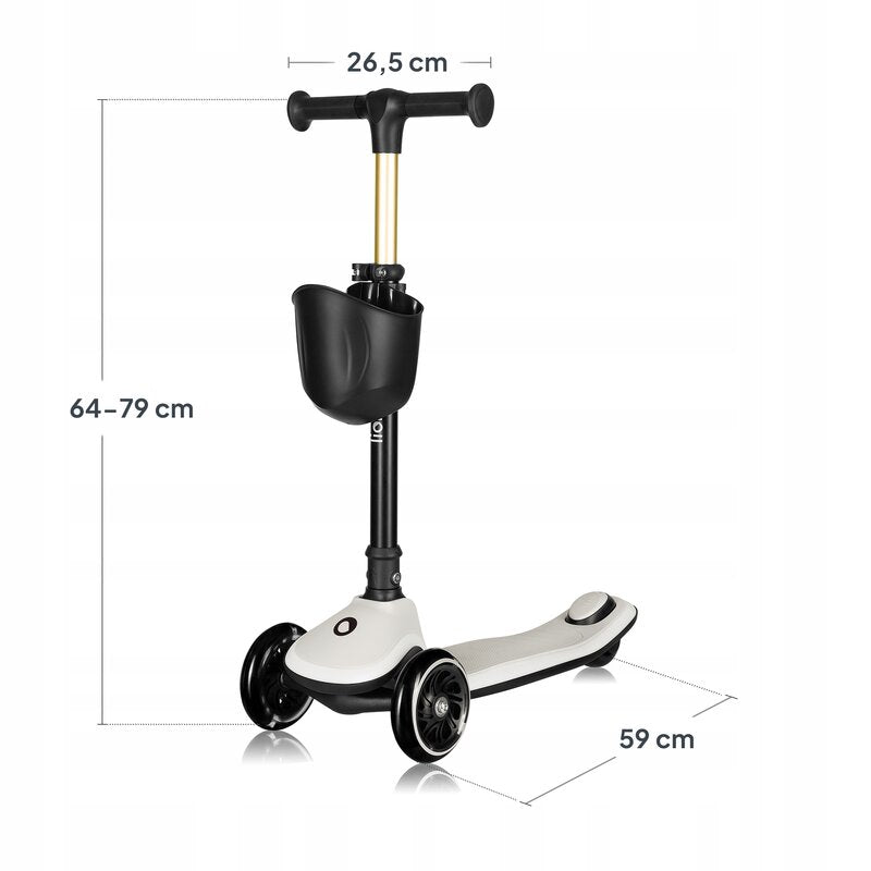 Trotineta pentru copii, Lionelo, Mey, Ultrapliabila, Cu lumini si cosulet, Maner ajustabil pe inaltime, 3 ani+, Pana la 50 Kg, Ultra usor, 2.8 kg, Conform cu standardul EN71-1/2/3, Certificata Intertek, Bej