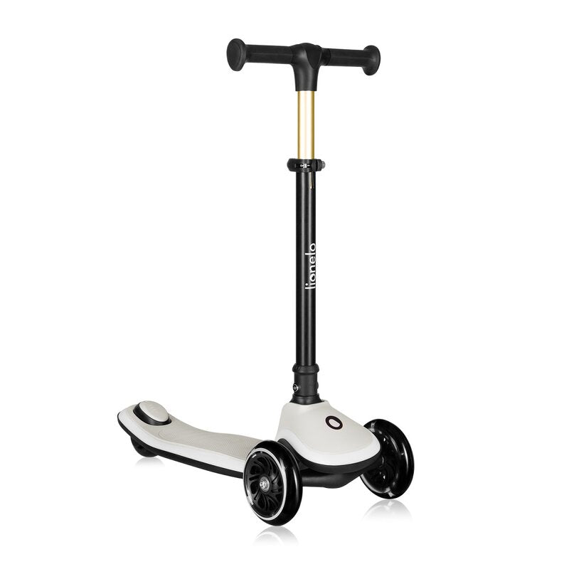 Trotineta pentru copii, Lionelo, Mey, Ultrapliabila, Cu lumini si cosulet, Maner ajustabil pe inaltime, 3 ani+, Pana la 50 Kg, Ultra usor, 2.8 kg, Conform cu standardul EN71-1/2/3, Certificata Intertek, Bej