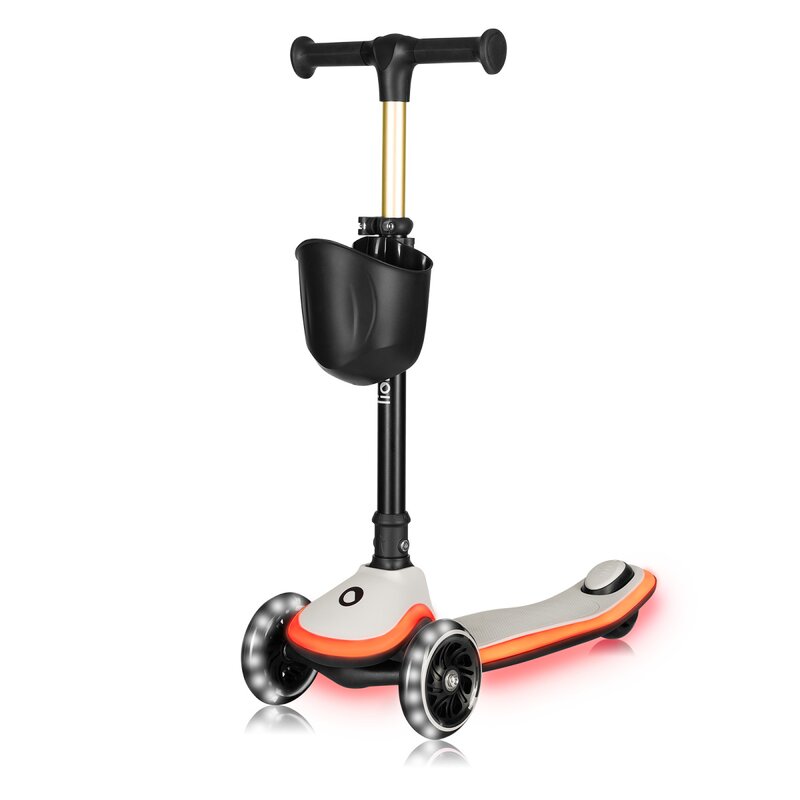 Trotineta pentru copii, Lionelo, Mey, Ultrapliabila, Cu lumini si cosulet, Maner ajustabil pe inaltime, 3 ani+, Pana la 50 Kg, Ultra usor, 2.8 kg, Conform cu standardul EN71-1/2/3, Certificata Intertek, Bej