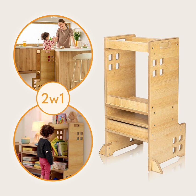 Turn de invatare Montessori, Lionelo, Cass, Functie de raft pentru carti, Pana la 30 kg, 12 luni - 6 ani, Din MDF si furnir, 3 trepte de inaltime, Alb