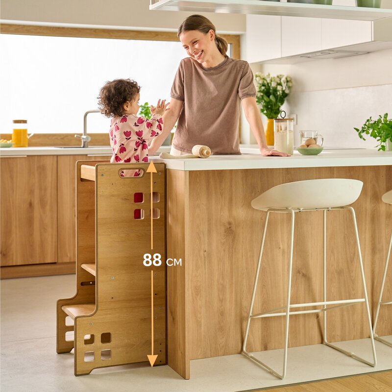 Turn de invatare Montessori, Lionelo, Cass, Functie de raft pentru carti, Pana la 30 kg, 12 luni - 6 ani, Din MDF si furnir, 3 trepte de inaltime, Alb