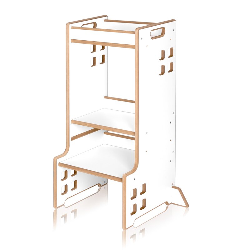 Turn de invatare Montessori, Lionelo, Cass, Functie de raft pentru carti, Pana la 30 kg, 12 luni - 6 ani, Din MDF si furnir, 3 trepte de inaltime, Alb