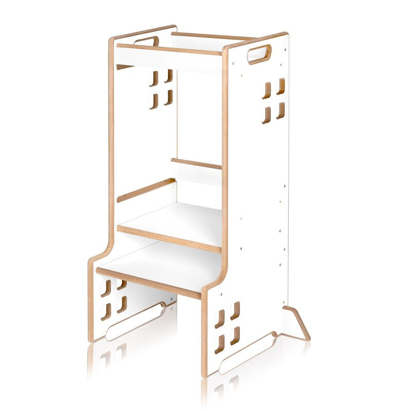 Turn de invatare Montessori, Lionelo, Cass, Functie de raft pentru carti, Pana la 30 kg, 12 luni - 6 ani, Din MDF si furnir, 3 trepte de inaltime, Alb