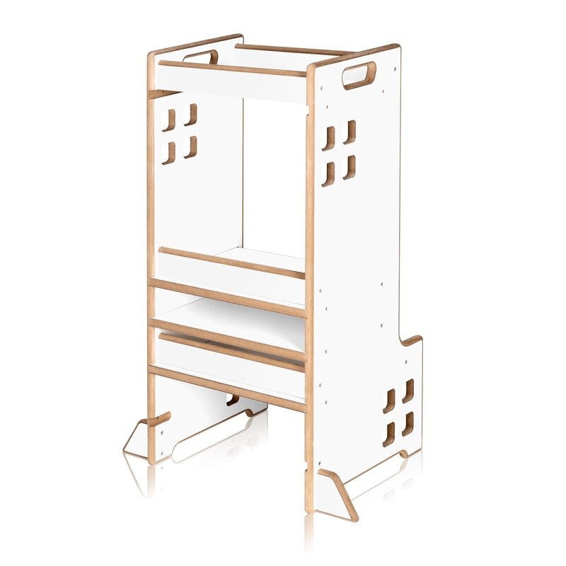 Turn de invatare Montessori, Lionelo, Cass, Functie de raft pentru carti, Pana la 30 kg, 12 luni - 6 ani, Din MDF si furnir, 3 trepte de inaltime, Alb