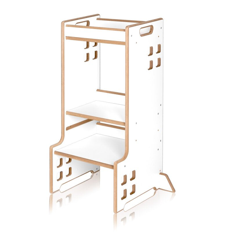 Turn de invatare Montessori, Lionelo, Cass, Functie de raft pentru carti, Pana la 30 kg, 12 luni - 6 ani, Din MDF si furnir, 3 trepte de inaltime, Alb