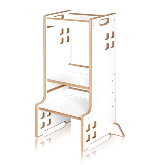 Turn de invatare Montessori, Lionelo, Cass, Functie de raft pentru carti, Pana la 30 kg, 12 luni - 6 ani, Din MDF si furnir, 3 trepte de inaltime, Alb