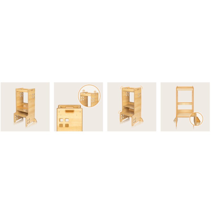 Turn de invatare Montessori, Lionelo, Cass, Functie de raft pentru carti, Pana la 30 kg, 12 luni - 6 ani, Din MDF si furnir, 3 trepte de inaltime, Natur