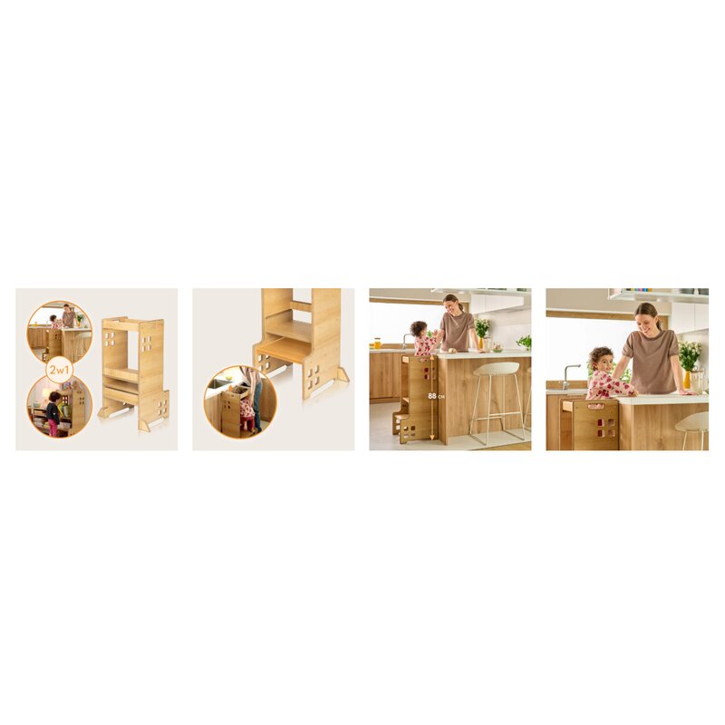 Turn de invatare Montessori, Lionelo, Cass, Functie de raft pentru carti, Pana la 30 kg, 12 luni - 6 ani, Din MDF si furnir, 3 trepte de inaltime, Natur