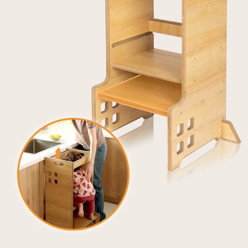 Turn de invatare Montessori, Lionelo, Cass, Functie de raft pentru carti, Pana la 30 kg, 12 luni - 6 ani, Din MDF si furnir, 3 trepte de inaltime, Natur