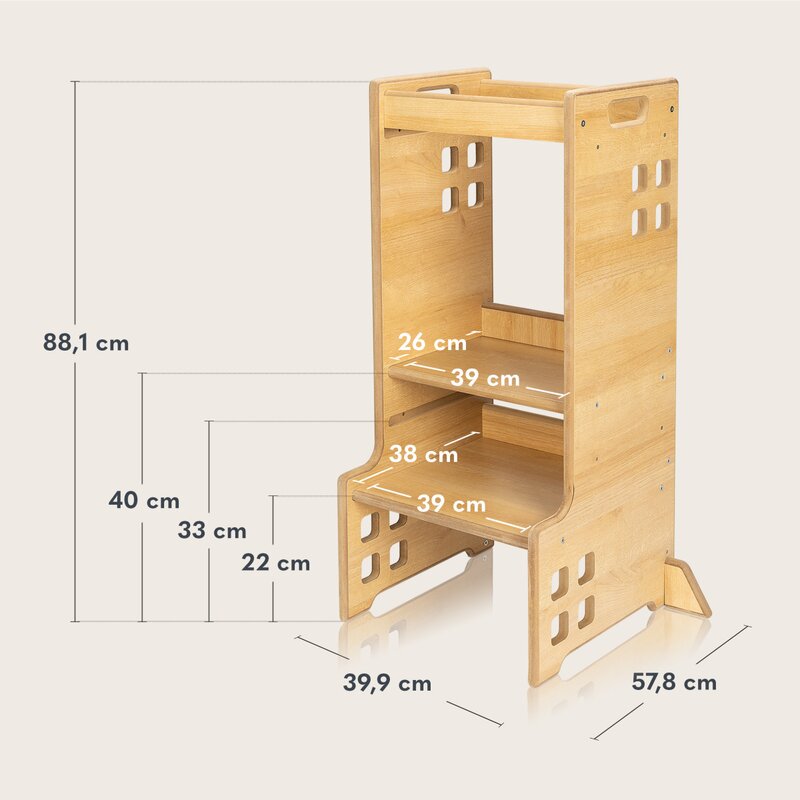 Turn de invatare Montessori, Lionelo, Cass, Functie de raft pentru carti, Pana la 30 kg, 12 luni - 6 ani, Din MDF si furnir, 3 trepte de inaltime, Natur